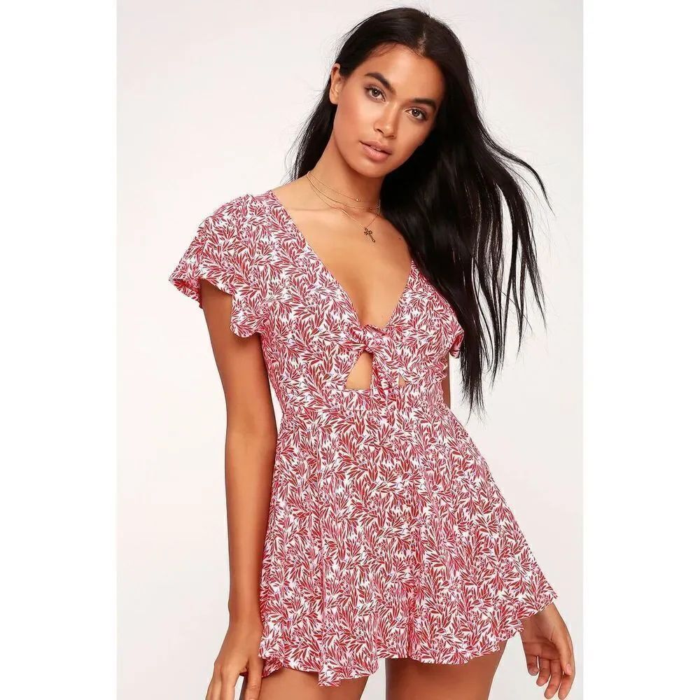 Dondi Red and White Print Tie-Front Short Sleeve Romper